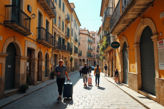 Rue européenne ancienne avec hôtels et boutiques fermés