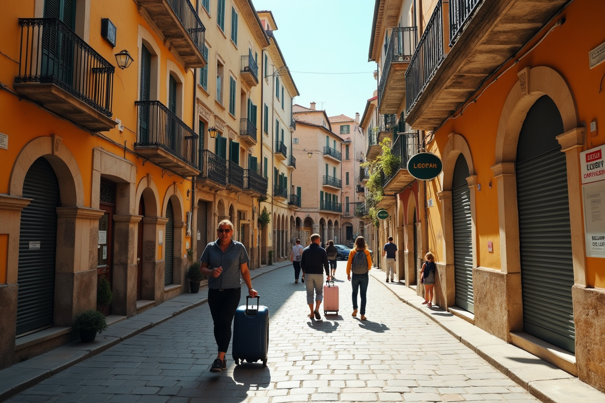 Rue européenne ancienne avec hôtels et boutiques fermés