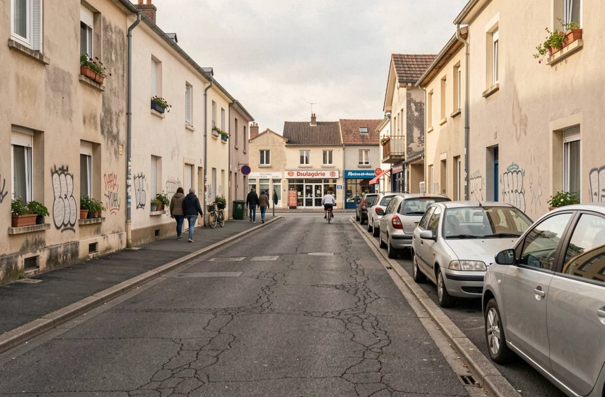Rue résidentielle animée du quartier nord de Villeneuve-Saint-Georges avec commerces de proximité et habitants