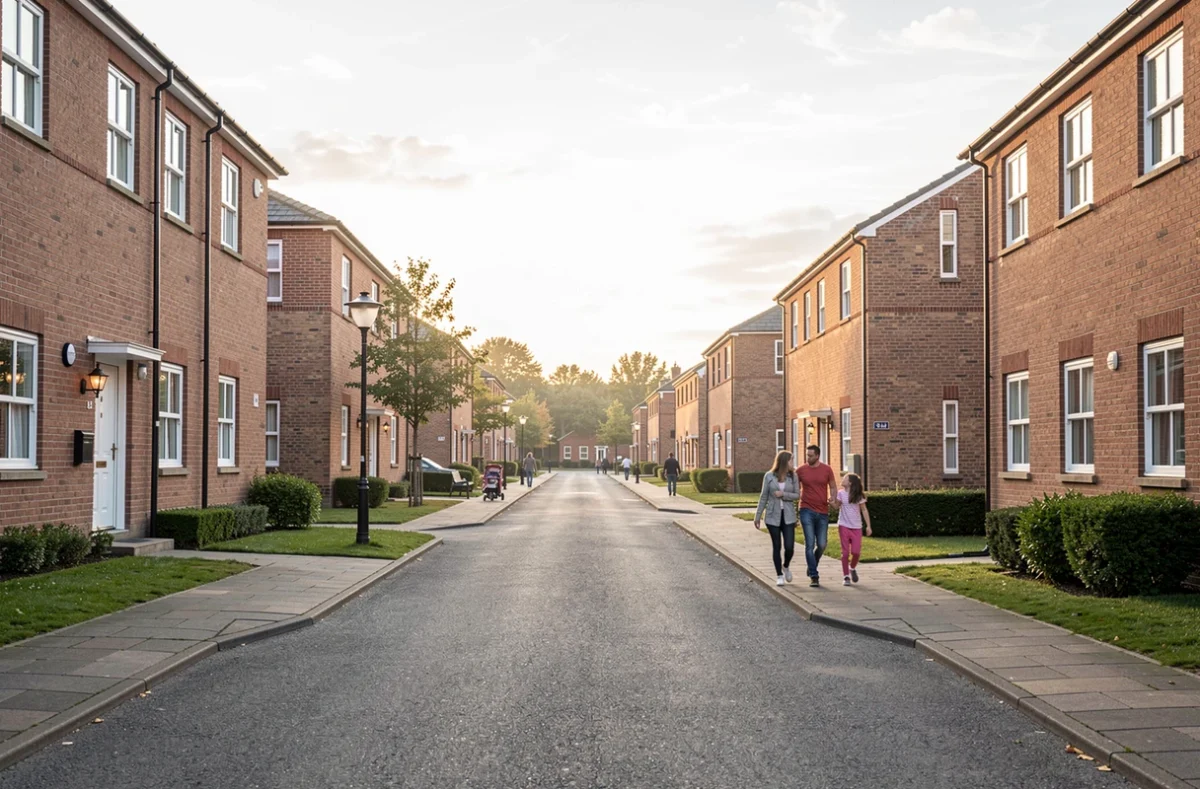 Rue résidentielle bordée de petits immeubles en briques le matin