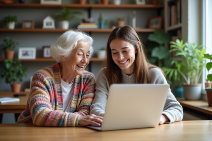 Seniors souriants regardant un ordinateur dans un appartement
