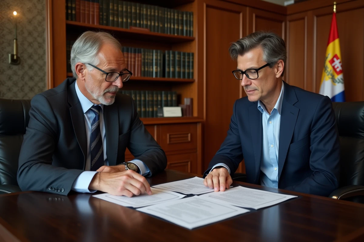 Deux acheteurs étrangers signent un contrat d'achat immobilier chez un notaire en Andorre