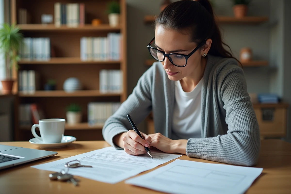 Femme signant une attestation de remise de clé posée sur un bureau avec une clé de maison à côté
