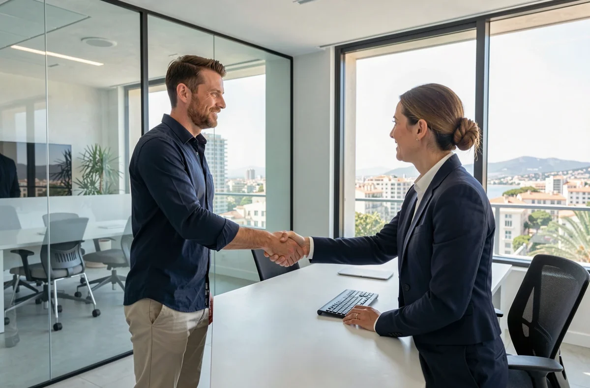 Client signant un contrat d'assurance habitation avec un conseiller dans une agence à Cannes