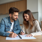 Couple signant un contrat de location dans un appartement moderne