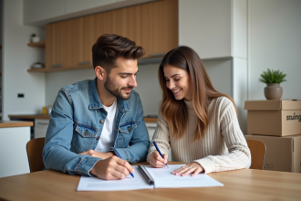 Couple signant un contrat de location dans un appartement moderne