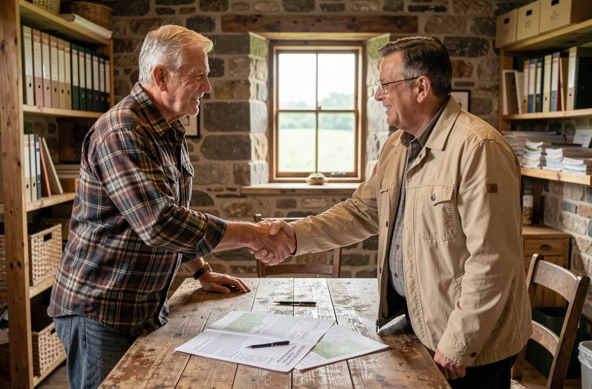 Deux agriculteurs signant un contrat de location ou d'achat de terrain agricole dans une ferme