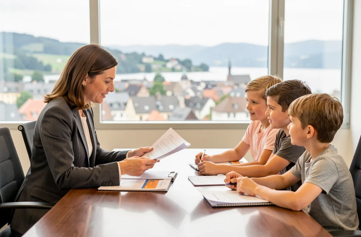 Conseillère de Square Habitat Annecy La Paix discutant d'un dossier immobilier avec une famille dans un bureau moderne avec vue sur le lac