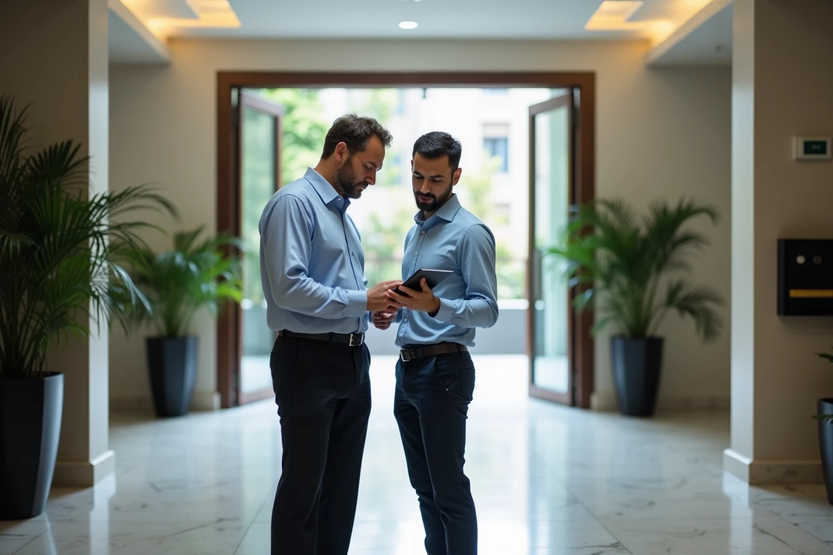 Syndic et collegue discutent sur une tablette dans un lobby