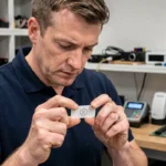 Technicien tenant un badge d'accès sans contact en l'examinant de près dans un atelier électronique moderne