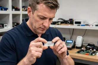 Technicien tenant un badge d'accès sans contact en l'examinant de près dans un atelier électronique moderne