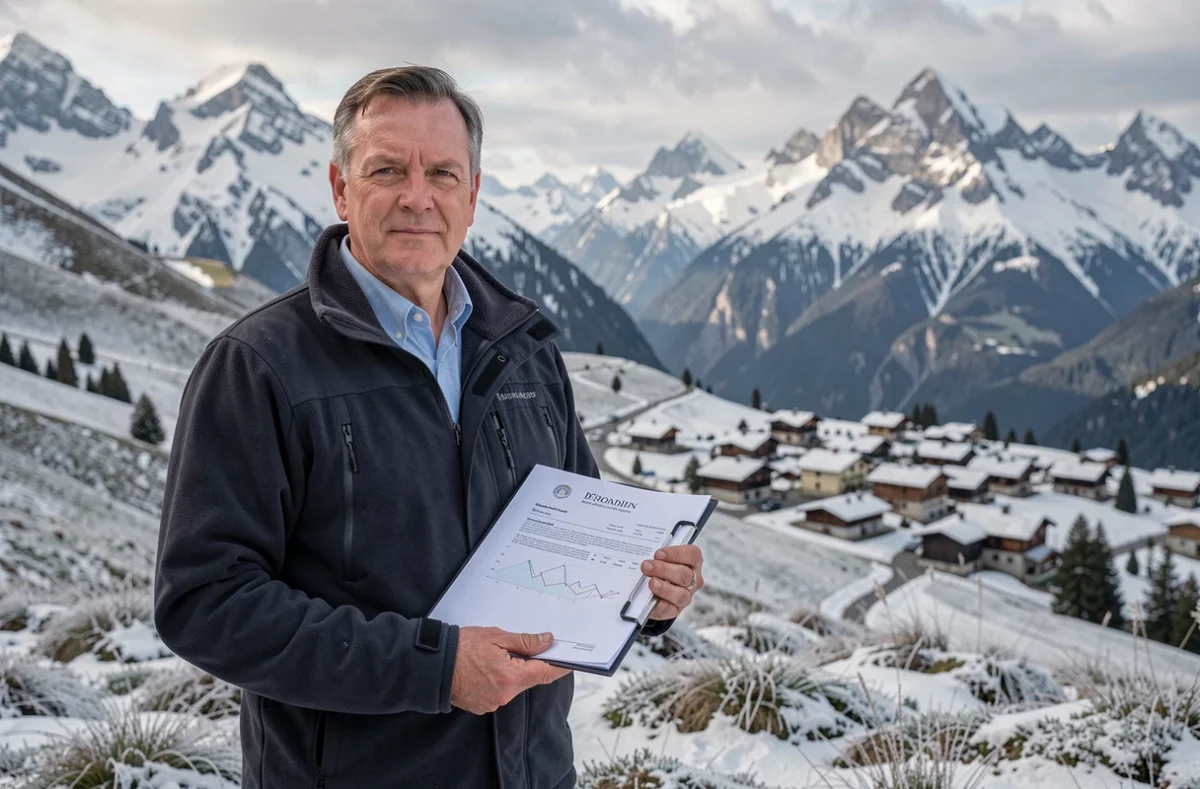 Spécialiste immobilier de Vallat Immobilier en Savoie tenant un dossier face à un village alpin enneigé et des sommets montagneux