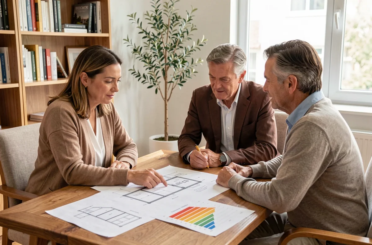 Architecte Vanagt Katleen en réunion de consultation personnalisée avec des propriétaires autour de plans de rénovation énergétique