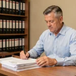 Propriétaire signant un pré état daté dans un bureau de notaire lors d'une vente d'appartement