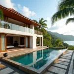 Villa moderne avec piscine à débordement et vue sur la mer en Thaïlande, architecture contemporaine tropicale