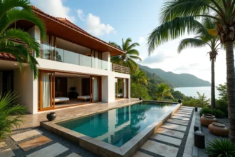Villa moderne avec piscine à débordement et vue sur la mer en Thaïlande, architecture contemporaine tropicale