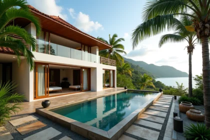 Villa moderne avec piscine à débordement et vue sur la mer en Thaïlande, architecture contemporaine tropicale