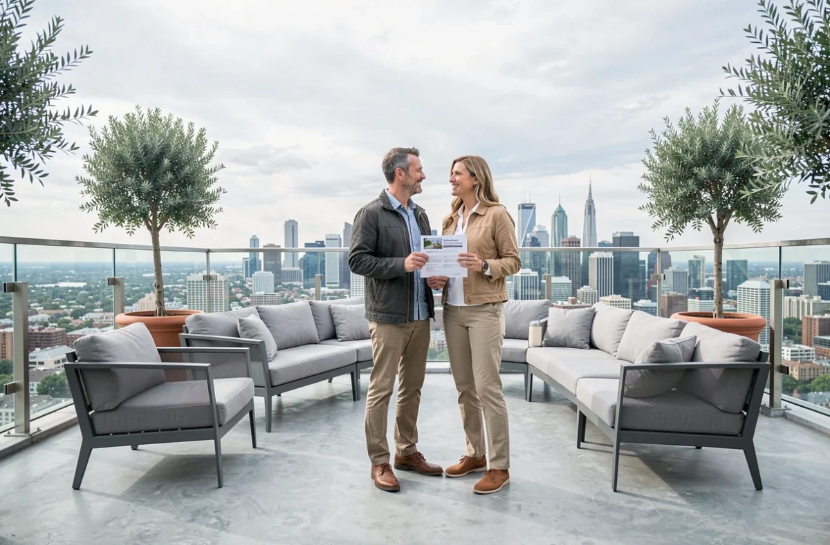 Couple de locataires potentiels évaluant un appartement de luxe en terrasse avec vue panoramique sur la ville