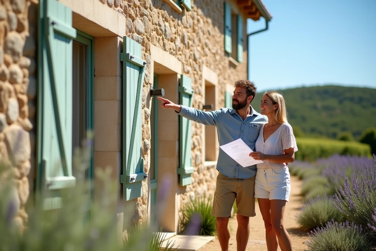 Couple visitant une maison en pierre à louer en longue durée dans la campagne de l'Aude avec documents de location en main