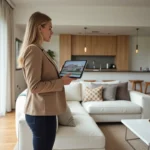 Agent immobilière présentant une visite virtuelle 360 sur tablette dans un salon home staging moderne