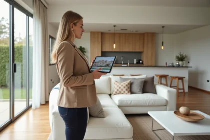 Agent immobilière présentant une visite virtuelle 360 sur tablette dans un salon home staging moderne