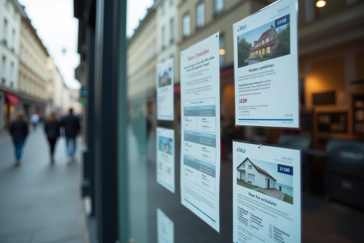 Vitrine d'agence immobilière affichant les honoraires obligatoires conformément à la loi Alur, charge vendeur