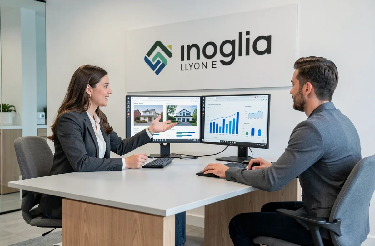 Conseillère de WE INVEST DHG Conseil à Lyon présentant des données immobilières à des clients dans un bureau moderne et épuré