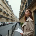 Femme consultant un document devant des immeubles haussmanniens dans une commune en zone tendue en France