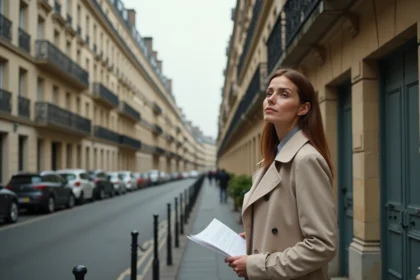 Femme consultant un document devant des immeubles haussmanniens dans une commune en zone tendue en France